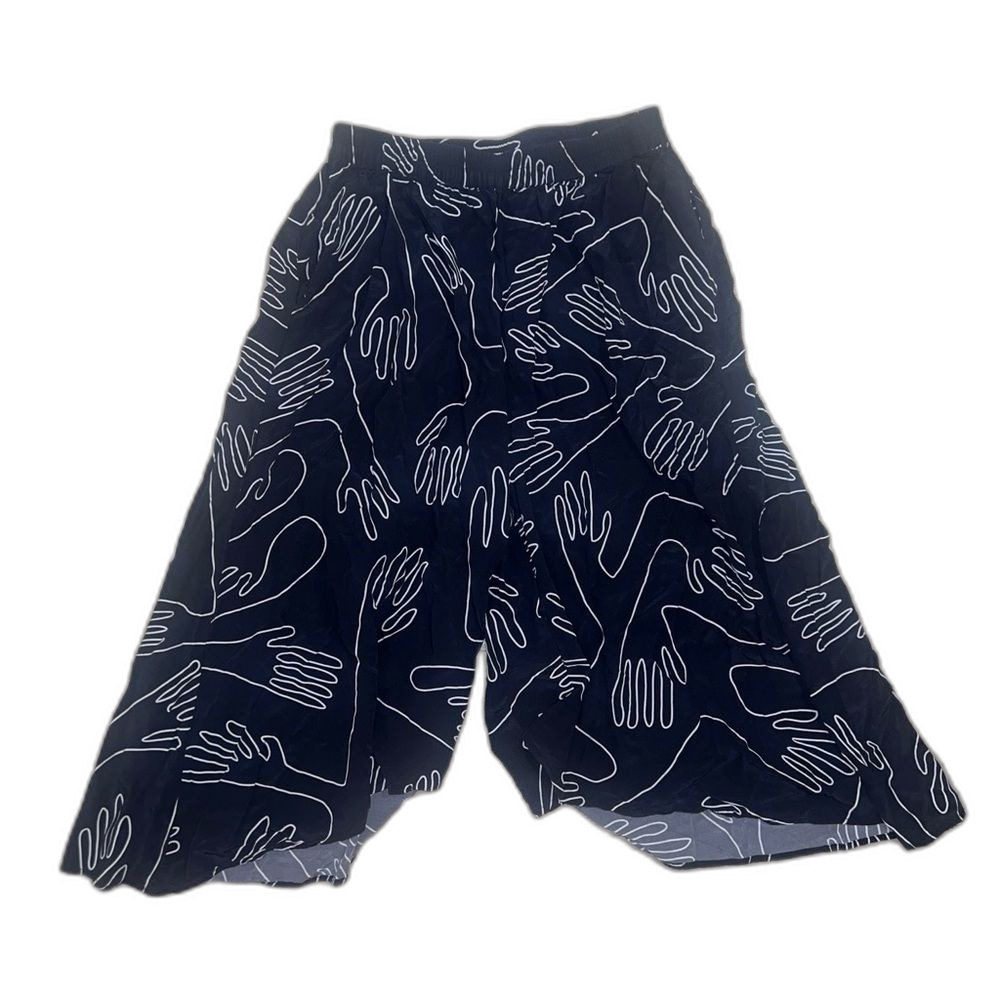 ELK Black Hand Print Soft Viscose High Waist Wide Let Flowy Culottes Pants S/M